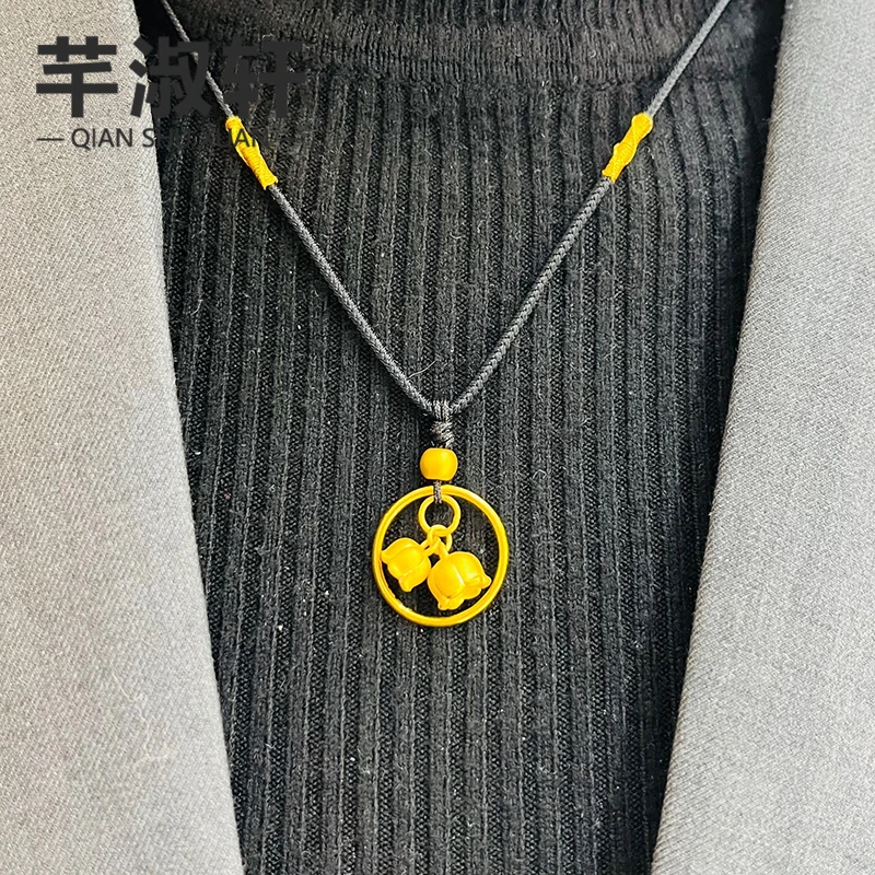 黄金铃兰花吊坠女新款999足金素圈编织锁骨项链生日礼物送女友