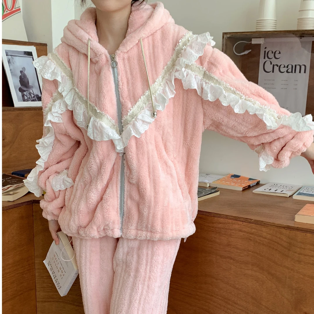 pinkgrape2024新款睡衣女秋冬双面珊瑚绒女士长袖家居服睡衣套装