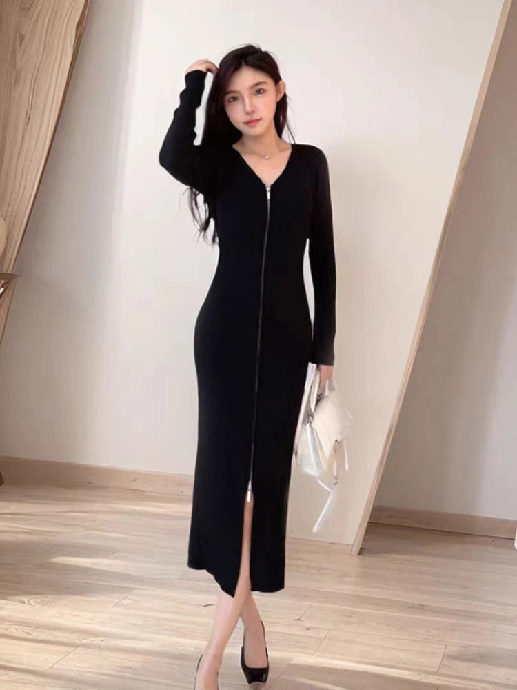 针织修身秋冬V 领气质拉链修身开叉长款配大衣打底毛衣过膝显瘦