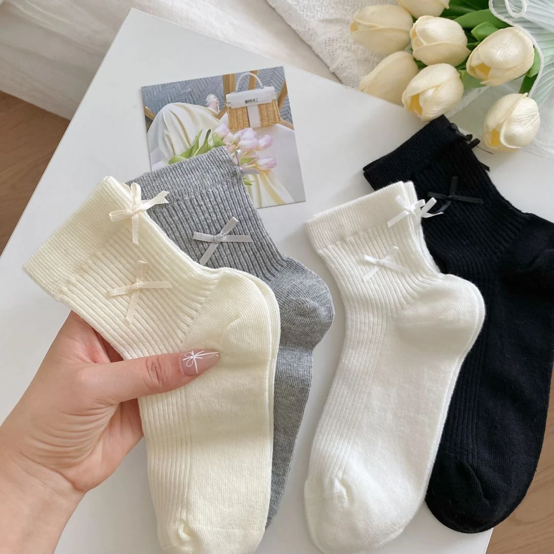 夏季新网眼薄款袜子女饰品蝴蝶结中筒袜甜美无骨棉袜镂空透气短袜