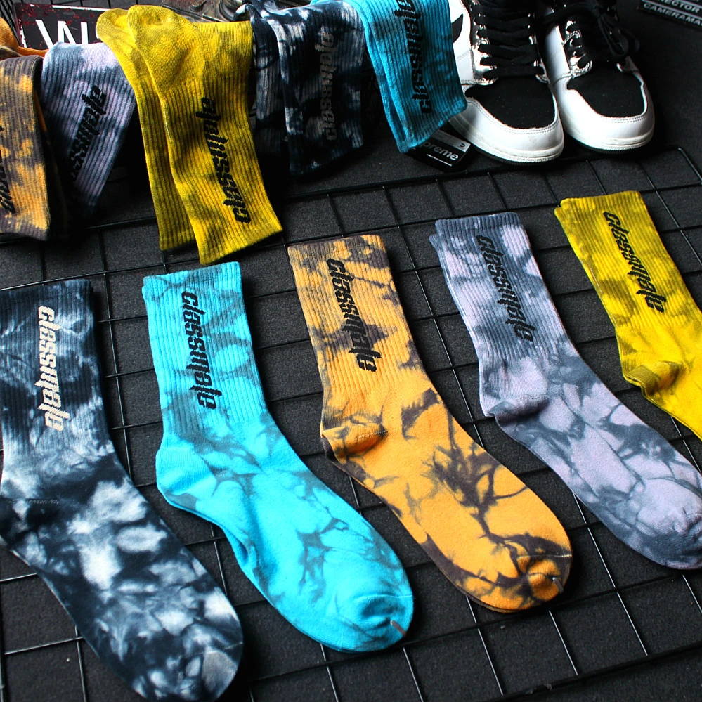 3双装春夏新款扎染ins潮运动长袜中筒棉袜子男高帮字母滑板篮球袜
