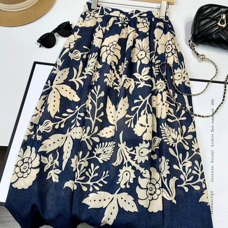 悦享女装2024春季新款度假风优雅复古花影印花高腰中长款半身裙