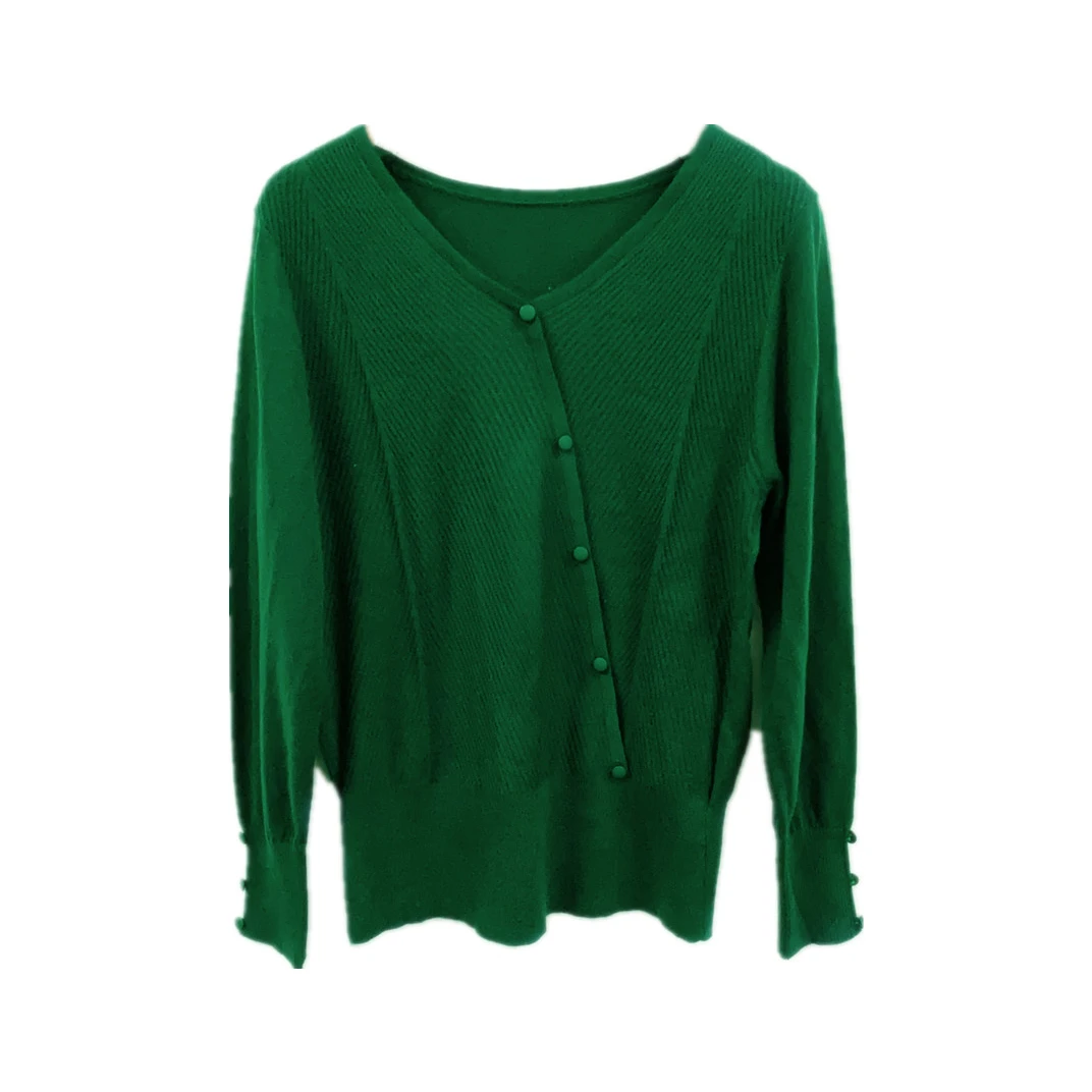 新款气质斜纹斜襟纽扣装饰V领宽松百搭毛针织衫