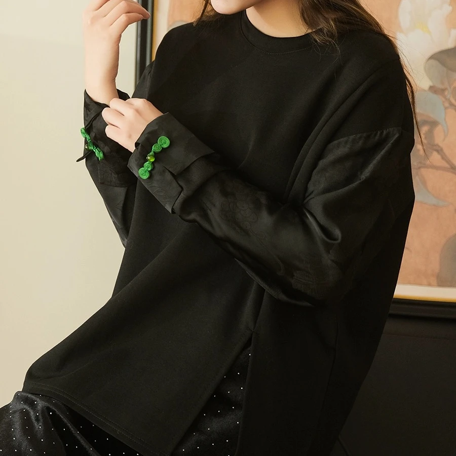 新款时尚百搭国风袖口葫芦扣提花开叉拼接T恤