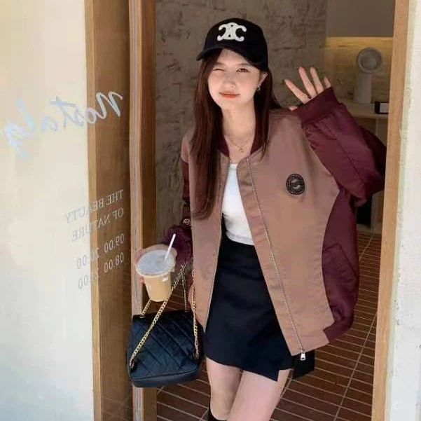秋季新款港味拼色气质百搭简约舒适韩版小众圆领夹克