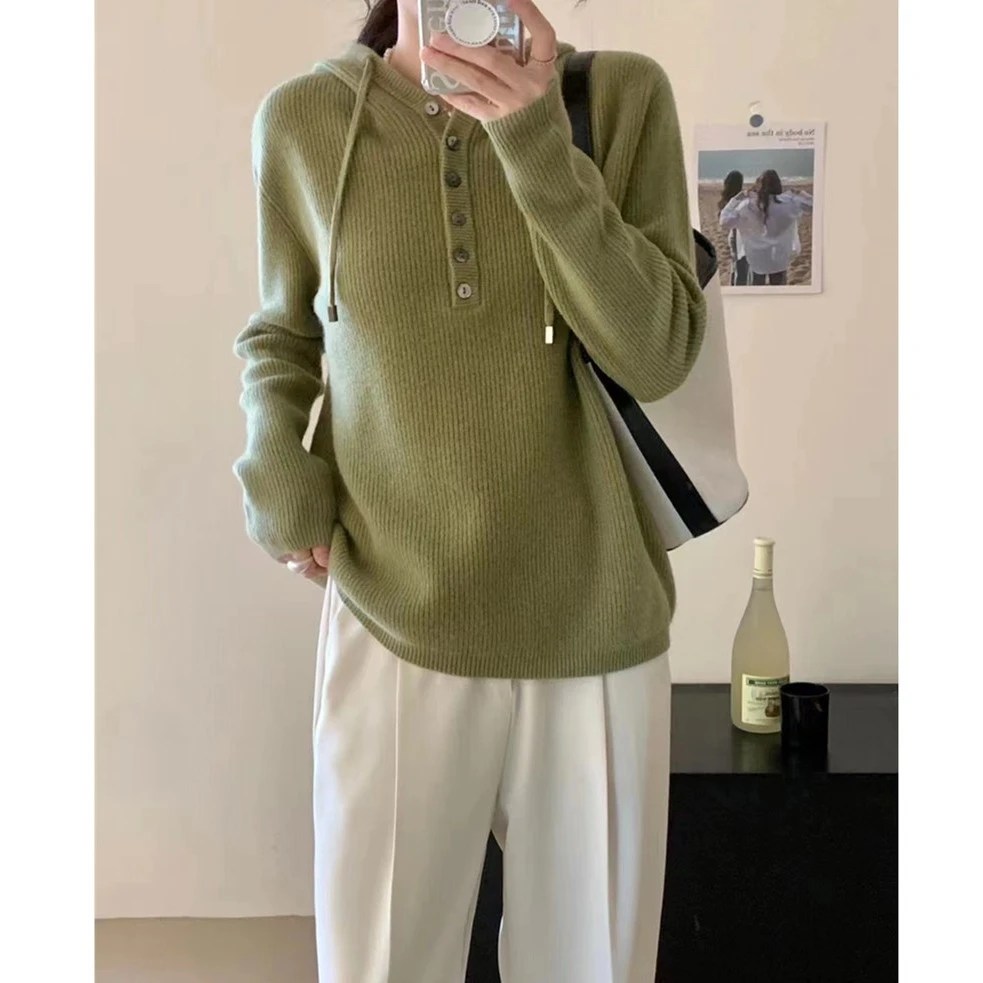 冬季新款休闲减龄宽松简约百搭连帽显瘦纯色针织毛衣