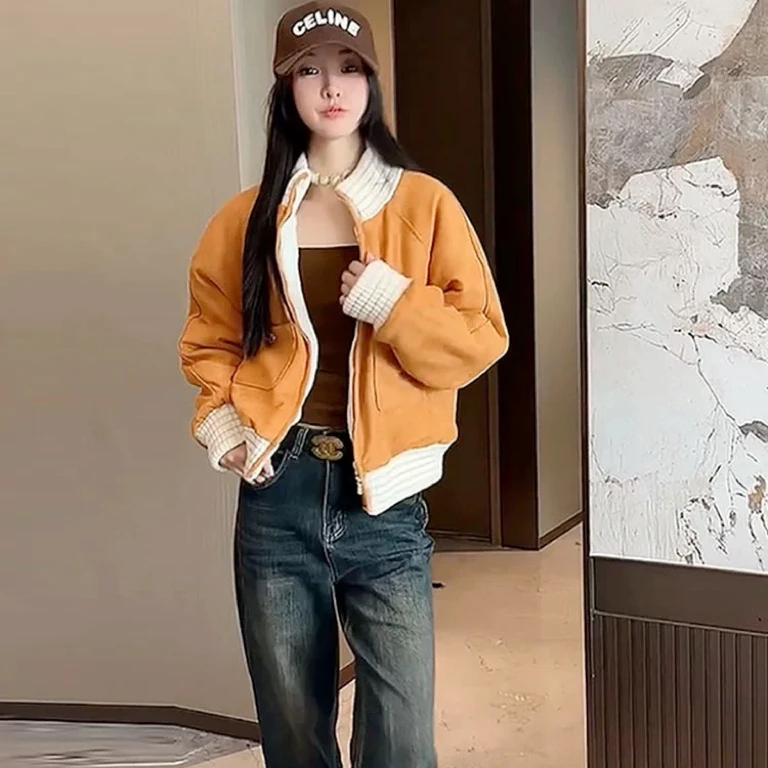 悦享女装2024春季新款时尚百搭美式复古立领拼色休闲运动宽松外套