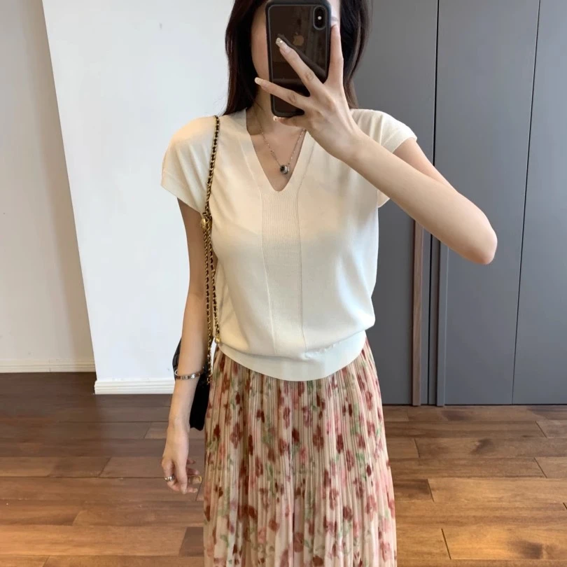 夏季新款百搭通勤宽松显瘦轻薄透气V领包肩短袖T恤