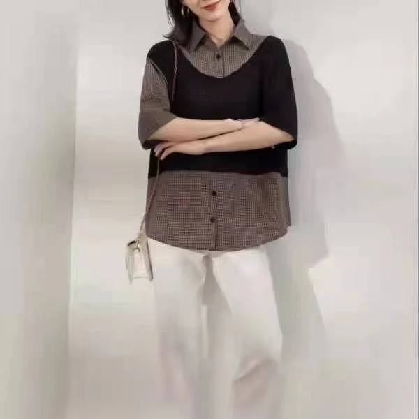 新款薄款女百搭假两件格子衬衫上衣宽松时尚显瘦
