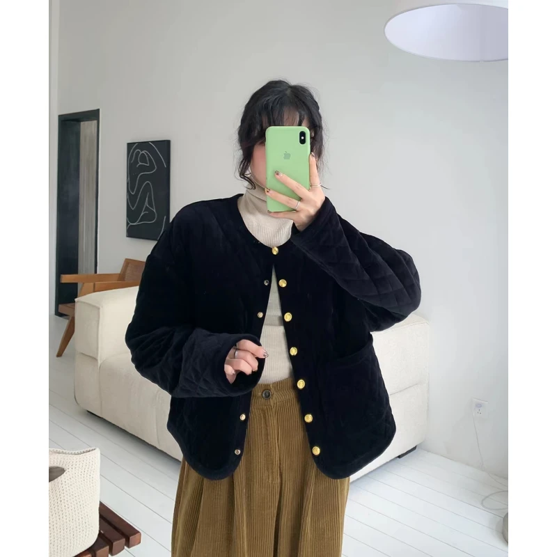 冬季新款小众设计丝绒小香风短外套格纹圆领百搭夹克