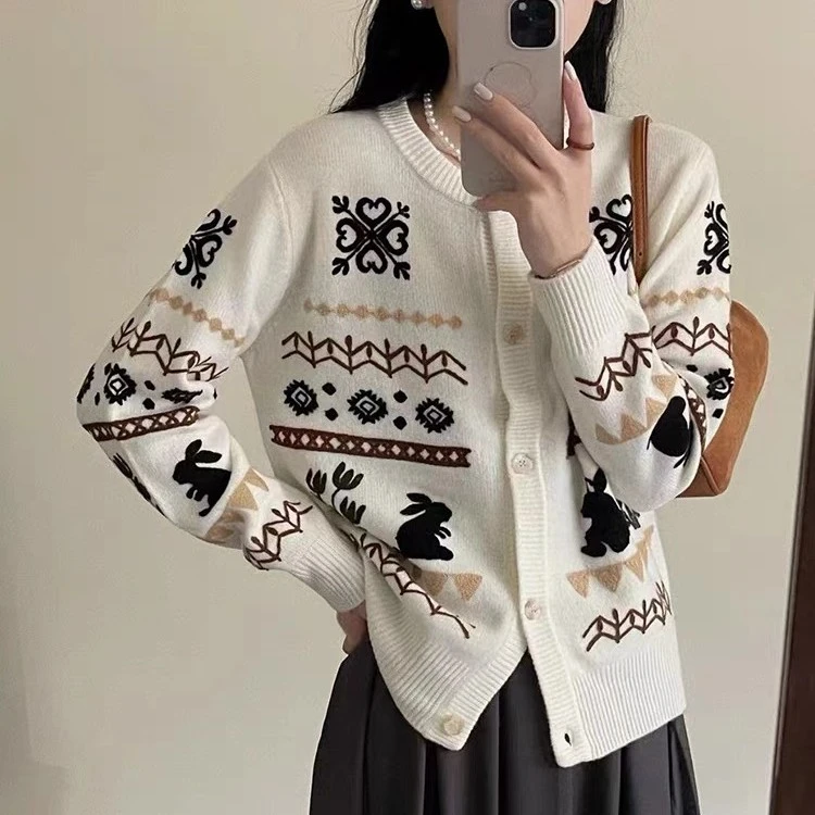 新款小兔子图案卡通时尚宽松小清新百搭长袖开衫