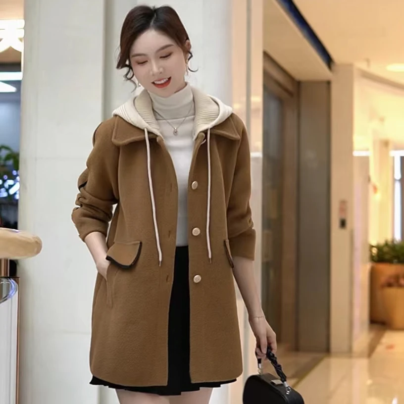 冬季新款时尚百搭通勤休闲可拆卸针织帽毛呢外套