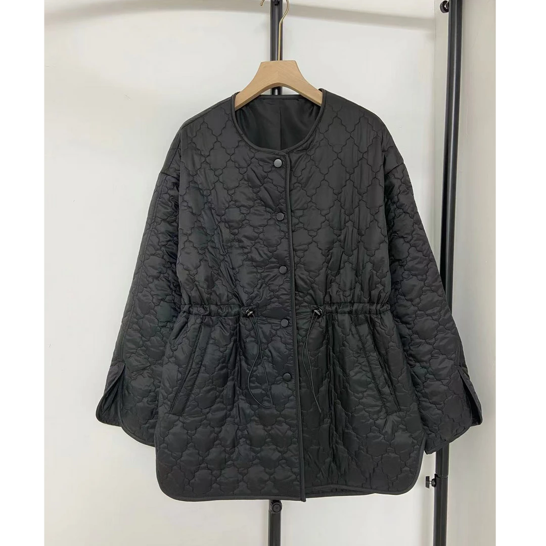 悦享女装2024冬季新款菱格收腰棉服显瘦设计感立领休闲中长款棉衣