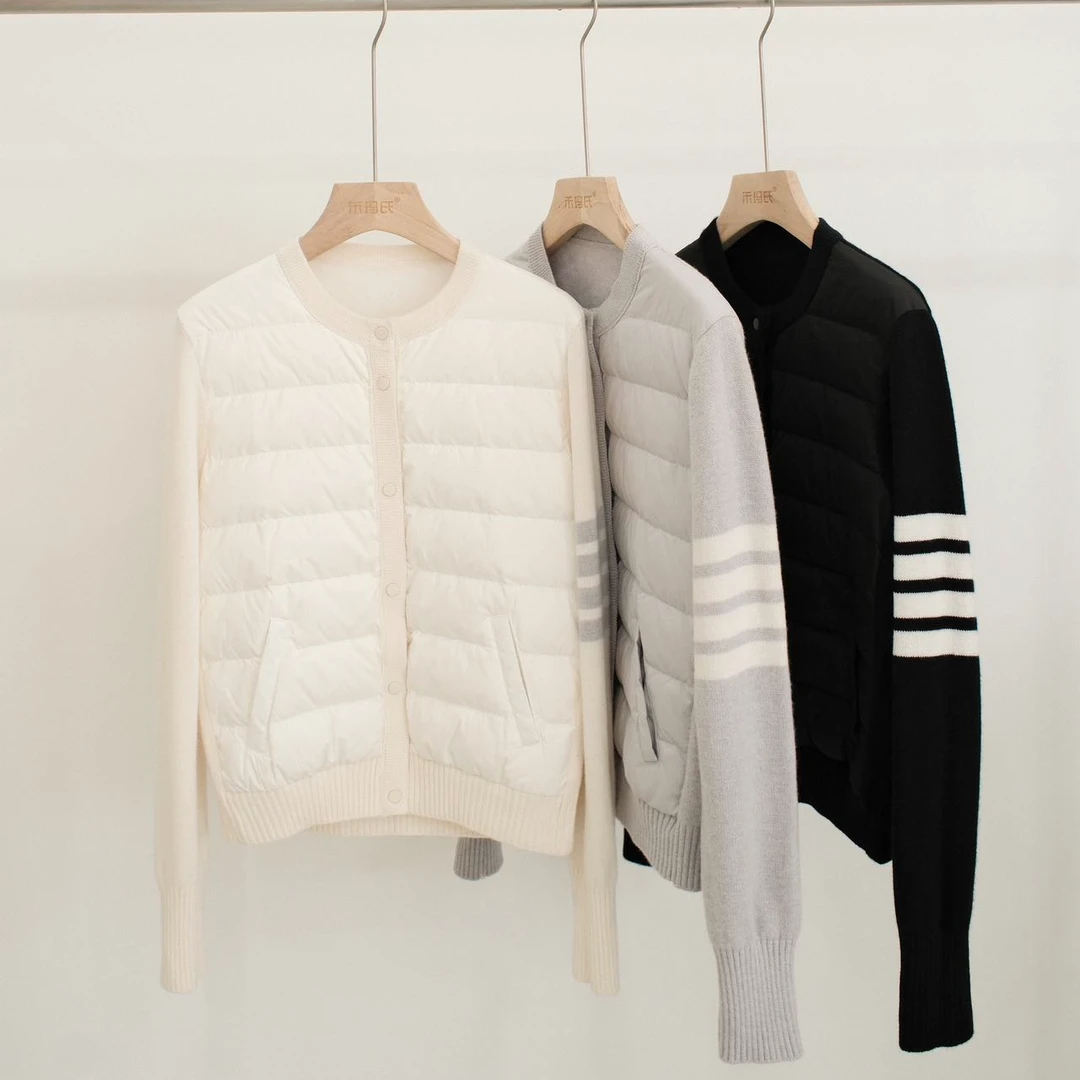 悦享女装2024冬季新款英伦学院风山羊绒拼接白鹅绒保暖羽绒服外套