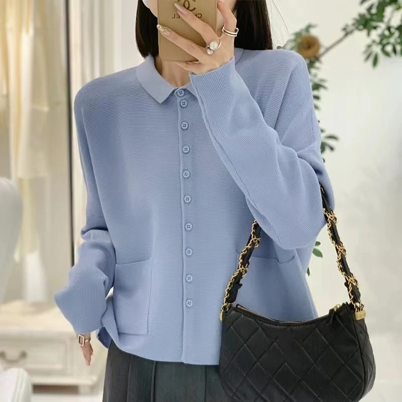 新款时尚百搭单排扣小翻领双口袋长袖针织开衫