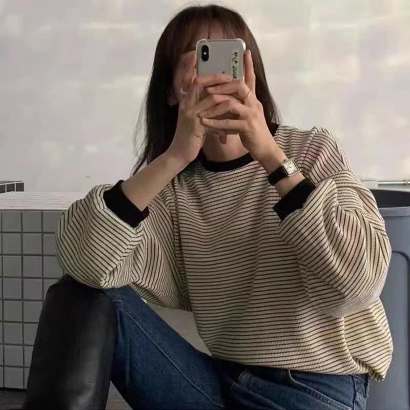 新款时尚百搭韩系减龄款条纹加绒卫衣女上衣