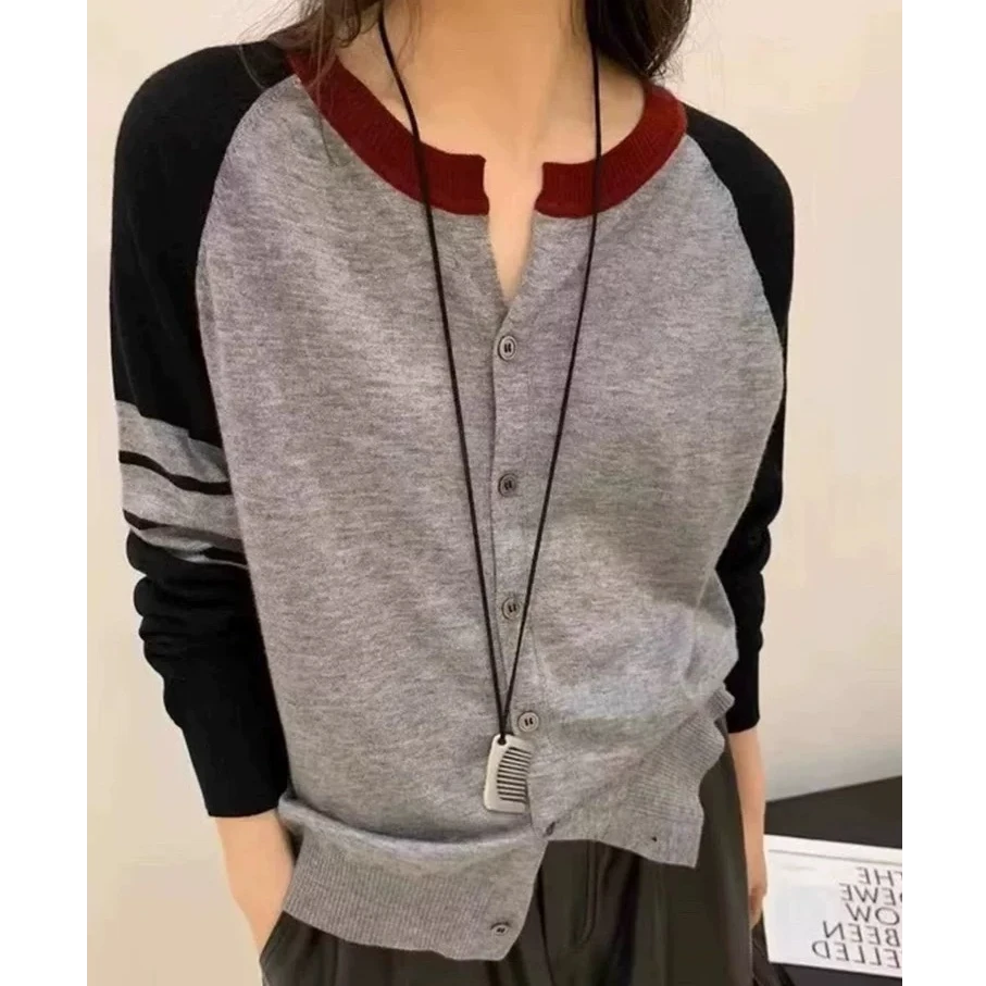 悦享女装2024秋季新款简约时尚拼色撞色百搭宽松时尚洋气针织开衫