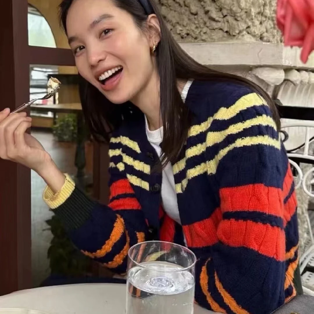 新款时尚百搭休闲通勤撞色拼接条纹开衫针织衫