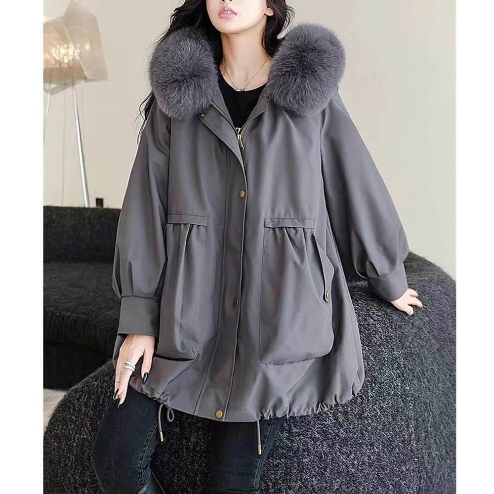 新款时尚防风可拆卸内胆毛领中长款加绒风衣外套