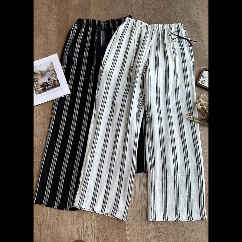 悦享女装2024夏季新款设计感亚麻条纹阔腿裤慵懒风薄款宽松休闲裤