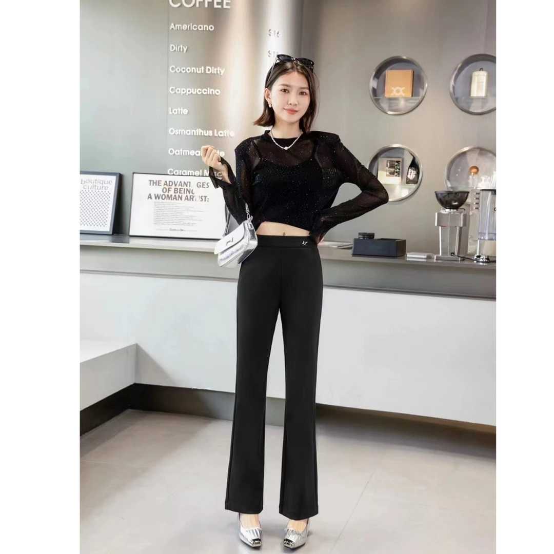 新款气质显高显瘦抗皱高弹力松紧腰微喇休闲裤