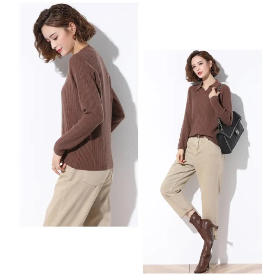 新款时尚百搭小v领翻领纯色长袖保暖针织羊毛衫