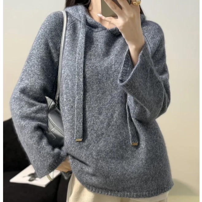 悦享女装2024冬季新款韩系宽松洋气连帽遮肉慵懒感休闲舒适毛衣