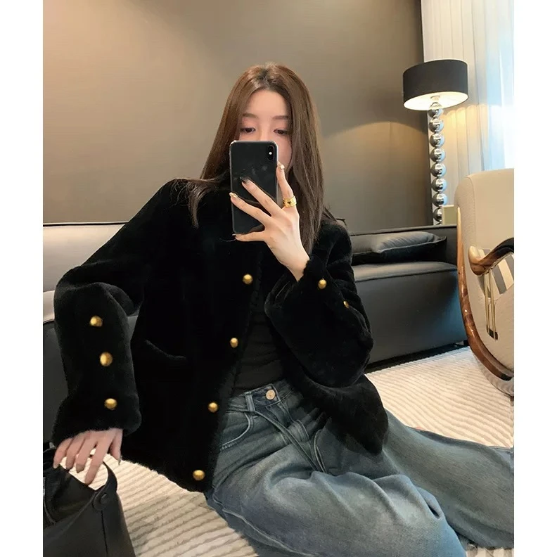 悦享女装2024秋季新款时尚百搭简约洋气老钱风品质皮毛一体外套