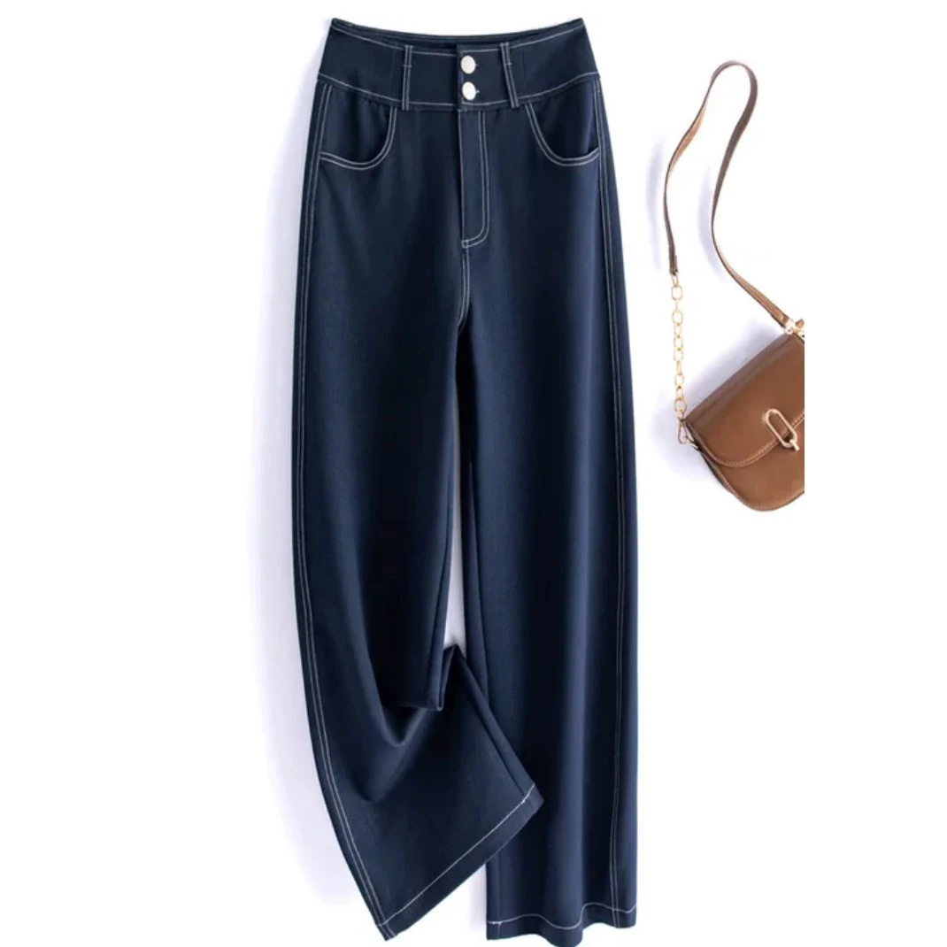 秋季新款时尚百搭休闲窄版高腰两粒扣阔腿牛仔裤女