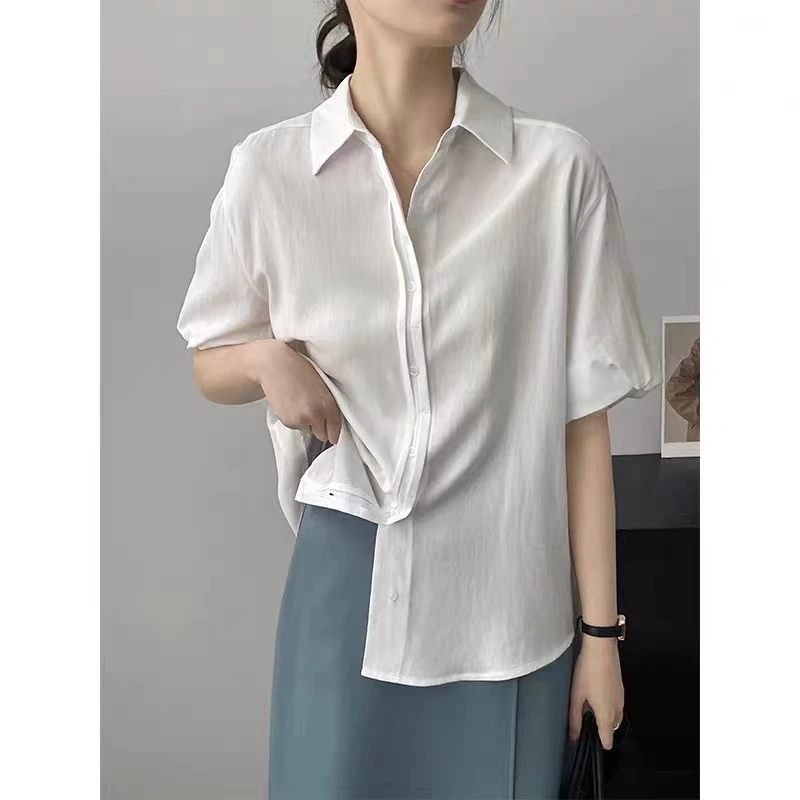 夏季新款韩版宽松翻领单排扣灯笼袖纯色显瘦衬衫短袖