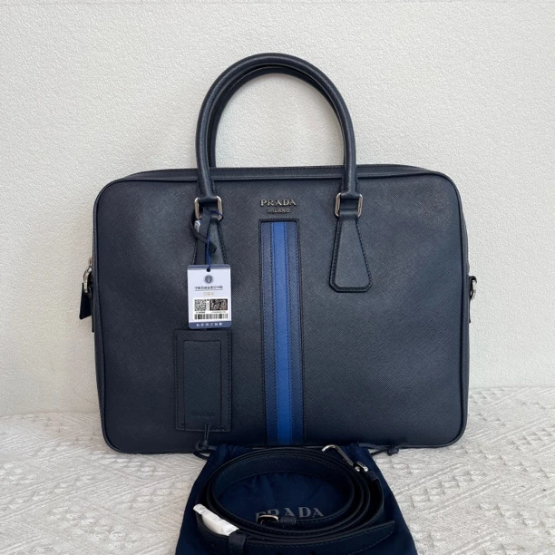 99新 Prada/普拉达 3041/男士蓝色全皮手提公文包