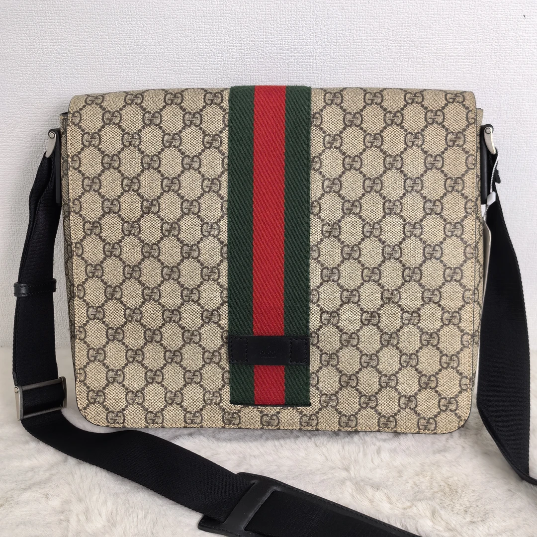 99新 GUCCI/古驰 98新/5098棕老花红绿织带邮差包