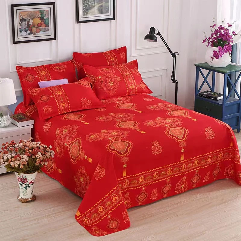 大红中国结花型床单大红色加厚结婚喜庆枕套印花亲肤透气舒适