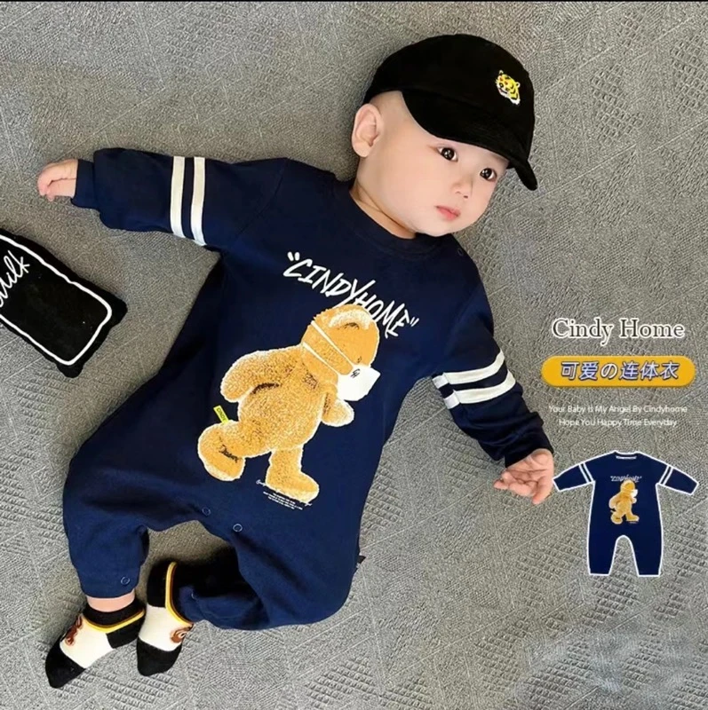 婴幼儿春秋纯棉藏蓝色口罩熊连体哈衣四季衣简约长袖洋气宝宝