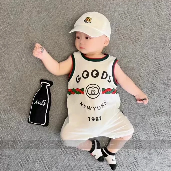 婴儿包屁衣新生儿宝宝夏季薄款纯棉半袖哈衣彩条宽肩吊带爬服