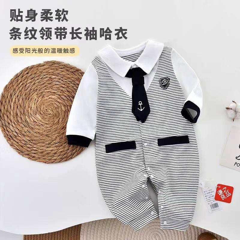 婴幼儿宝宝春秋薄款单层四季衣绅士领带条纹长袖哈衣阳光帅气爬服