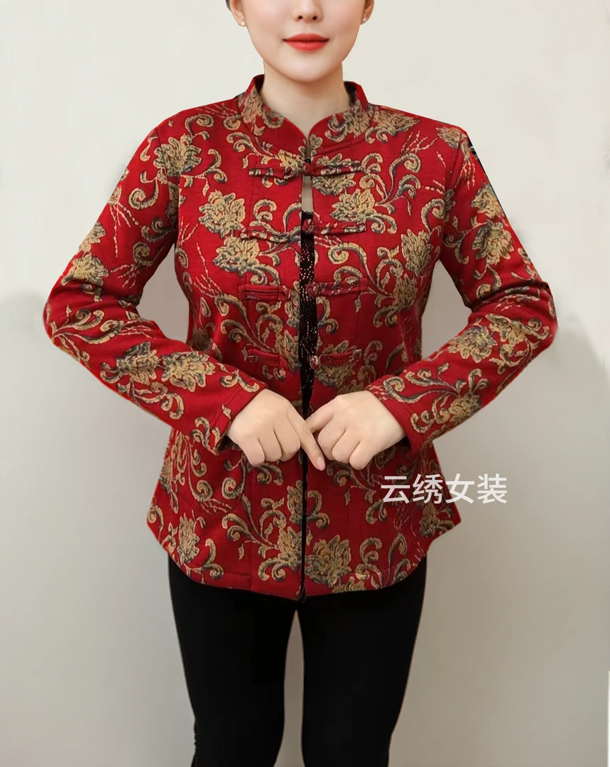 加绒复古盘扣外套女冬季新款中老年妈妈装上衣开衫民族风凤尾保暖