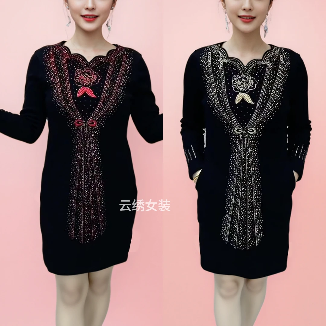 加绒烫钻连衣裙女冬季新款时尚打底裙子大版衫长袖中长款洋气弹力