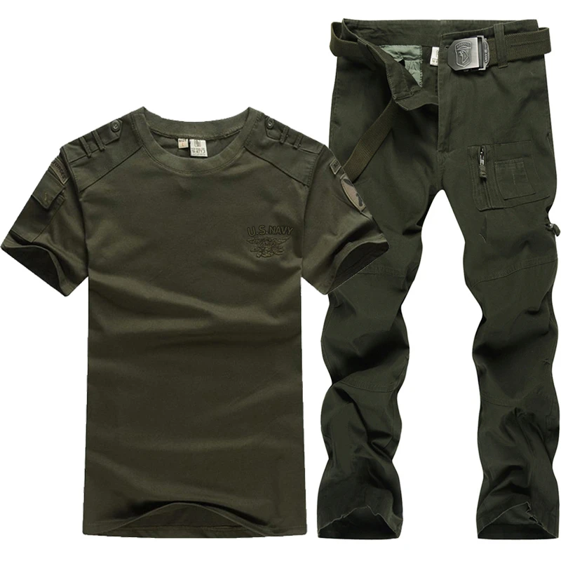 夏季迷彩服短袖t恤套装男透气宽松军绿野战两件套薄款工作服