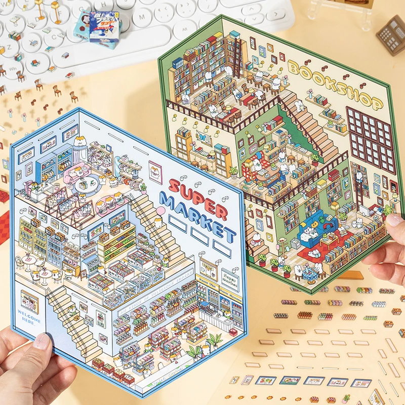 造景贴纸超大版新款三层堆叠贴画3d立体小屋韩系微缩场景手工贴纸