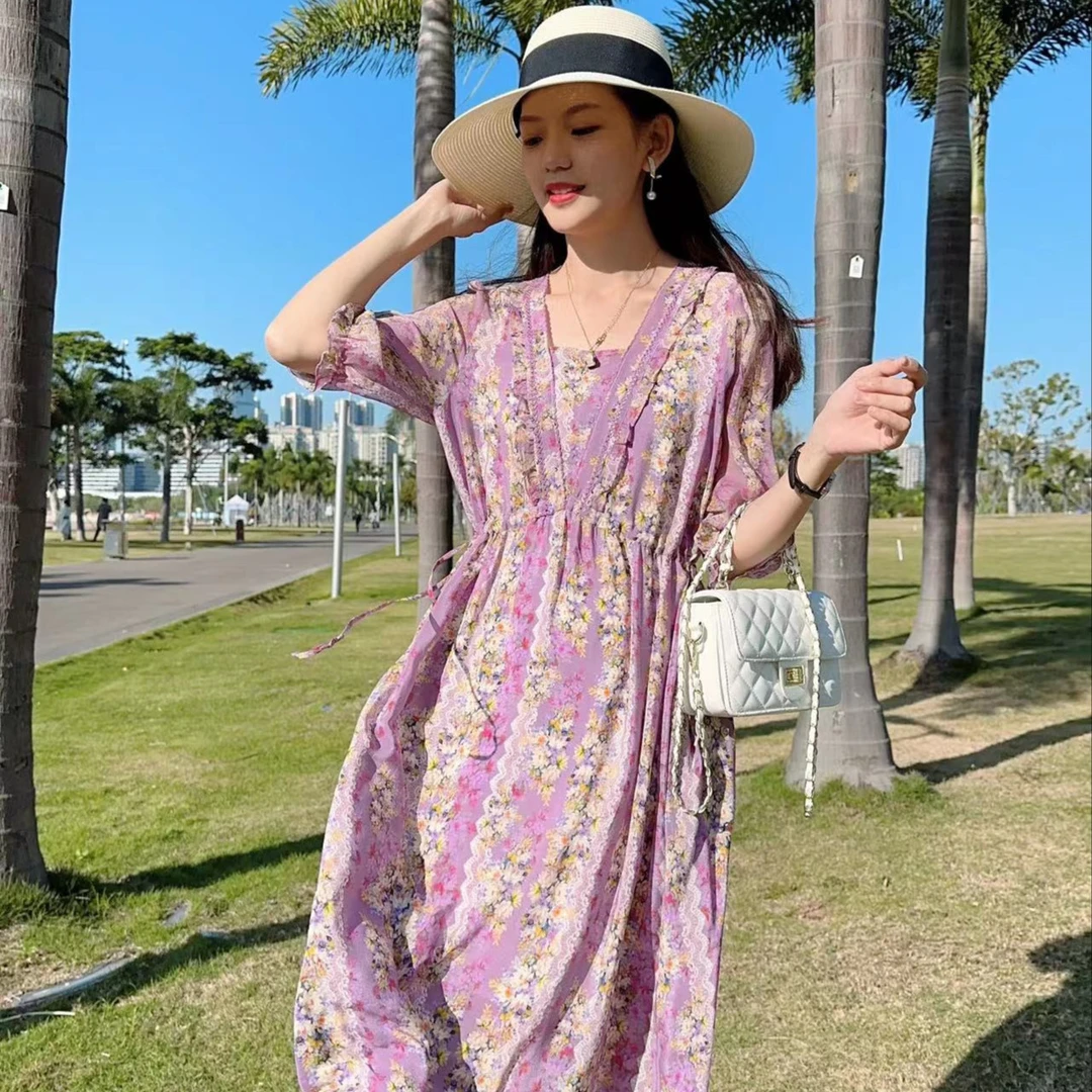 【2348人间词话】仙女中长款气质桑蚕丝真丝绣花连衣裙裙长115