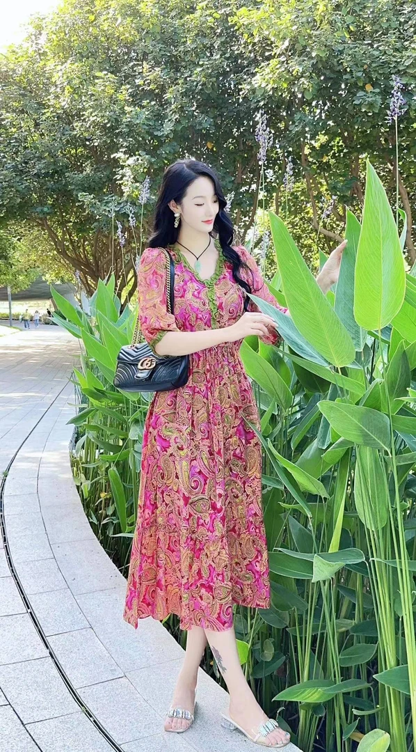 【24127嫣红盛世】高端时尚印花桑蚕丝显瘦真丝连衣裙长113