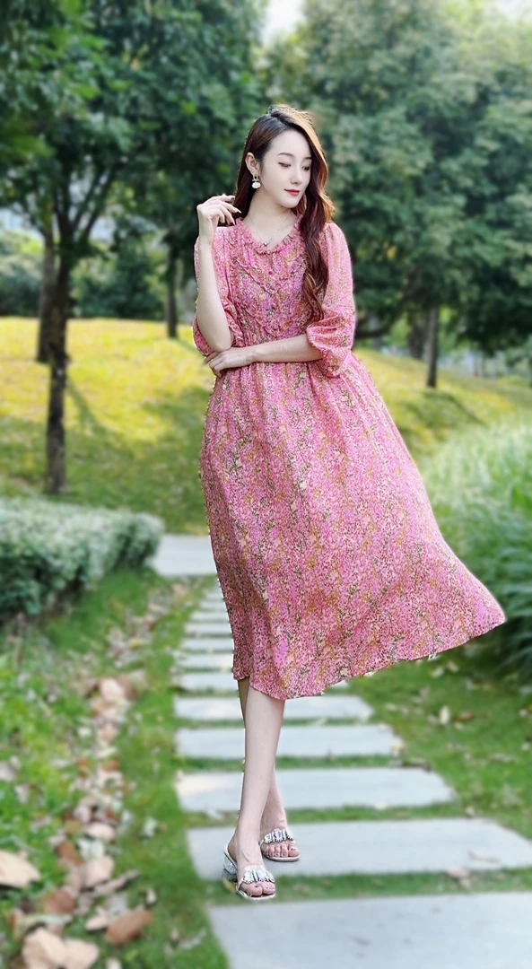 【24105无尽夏】新款碎花气质时尚重磅桑蚕丝系带宽松连衣裙裙长110