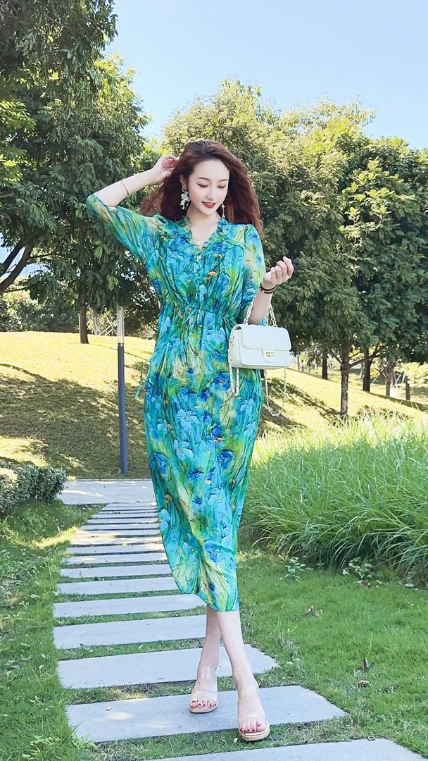 【24099印象梵高】高定印花油墨画时尚气质真丝连衣裙长116