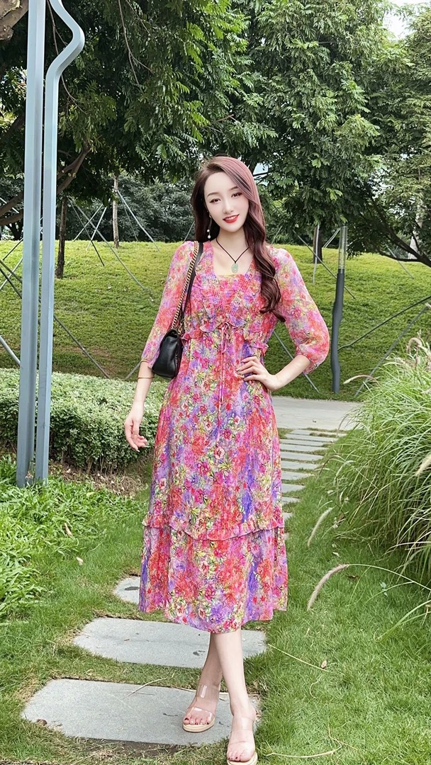 【24064万紫千红】高端时尚印花桑蚕丝显瘦复古真丝连衣裙长115