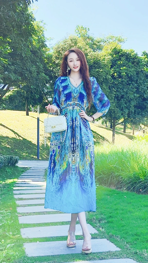 【24081蓝色妖姬】洋气定位印花时尚桑蚕丝真丝连衣裙 裙长118