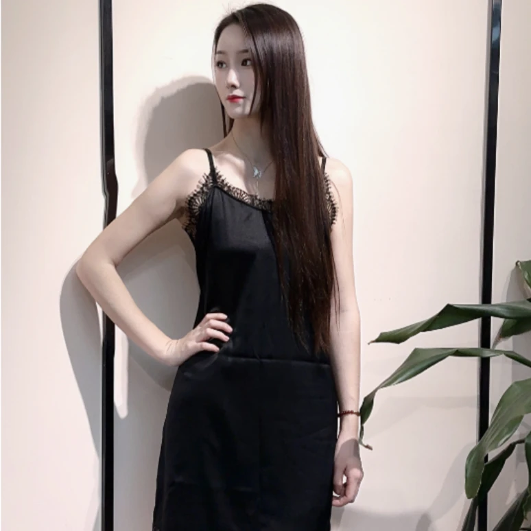 春夏法式时尚百搭亲肤真丝纯色高腰韩版气质贴身吊带黑色修身