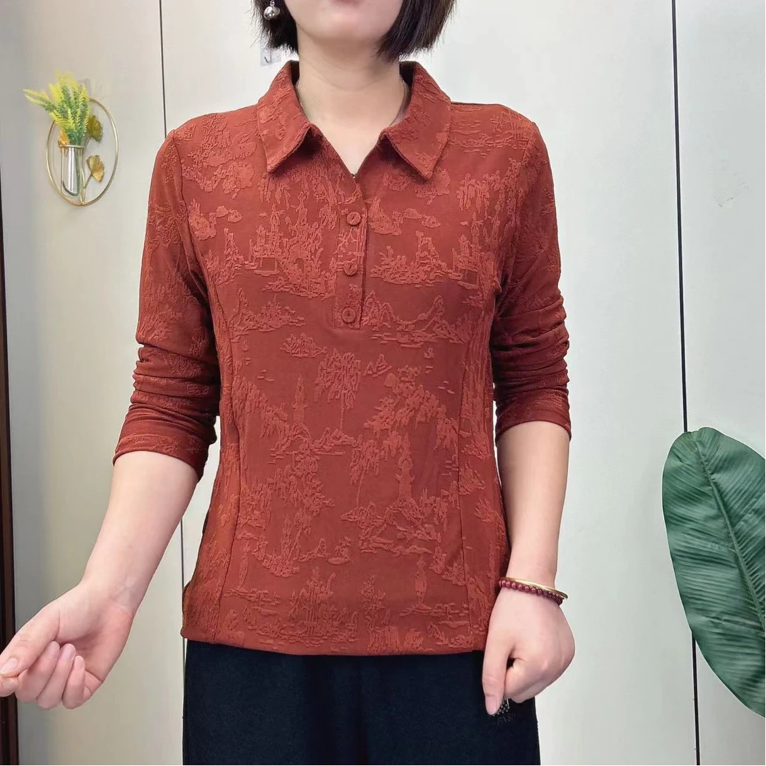 秋冬新款提花翻领上衣T恤百搭显瘦打底衫女