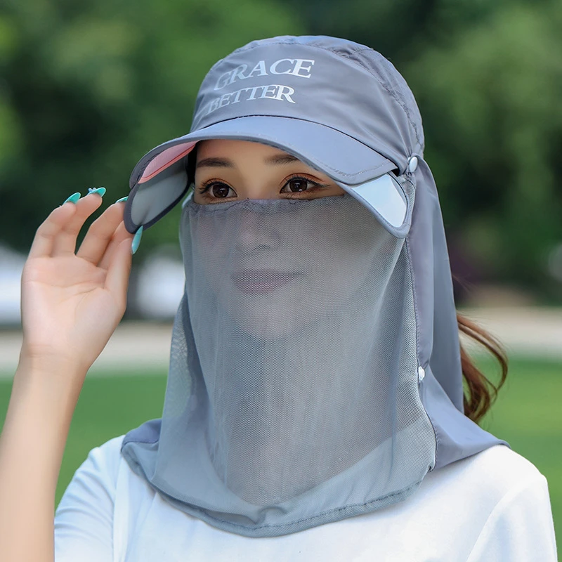 遮阳帽女夏季防晒遮脸棒球帽户外防紫外线伸缩帽檐可卸面纱太阳帽