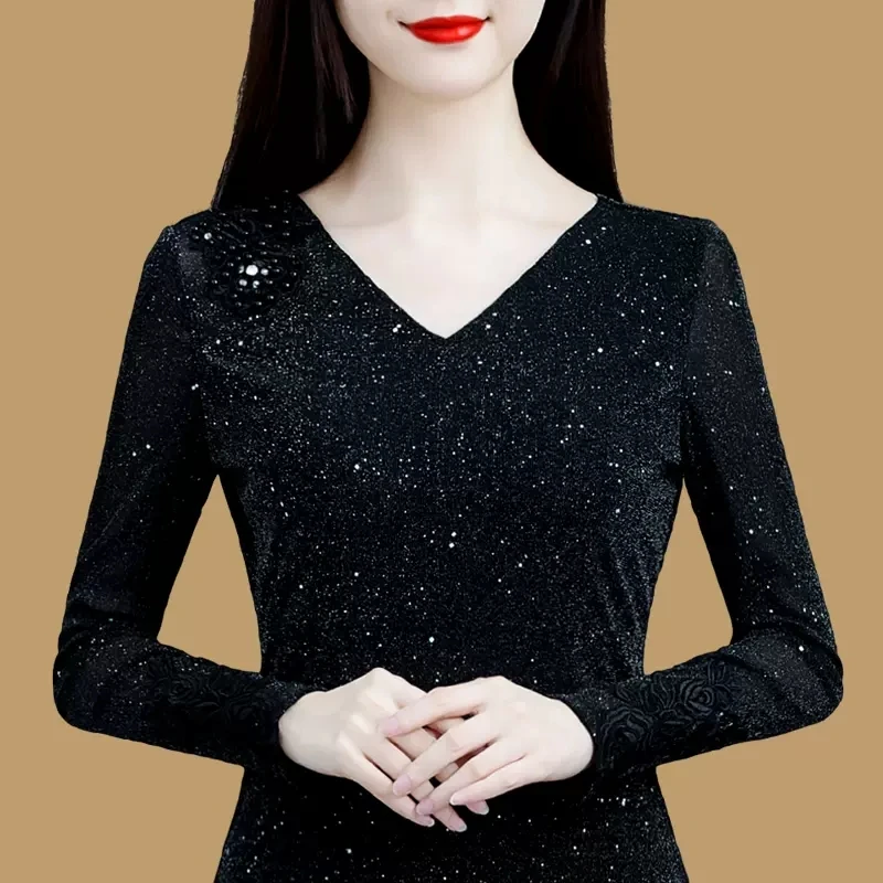 00131网纱打底衫长袖2024冬季新款洋气内搭蕾丝小衫加绒保暖小衫